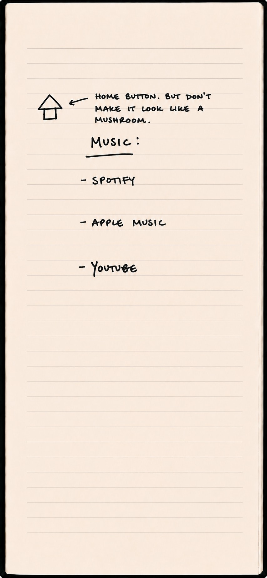 A handwritten notebook page titled 'Music:' listing Spotify, Apple Music, and YouTube, with a small drawing in the corner that links back home.