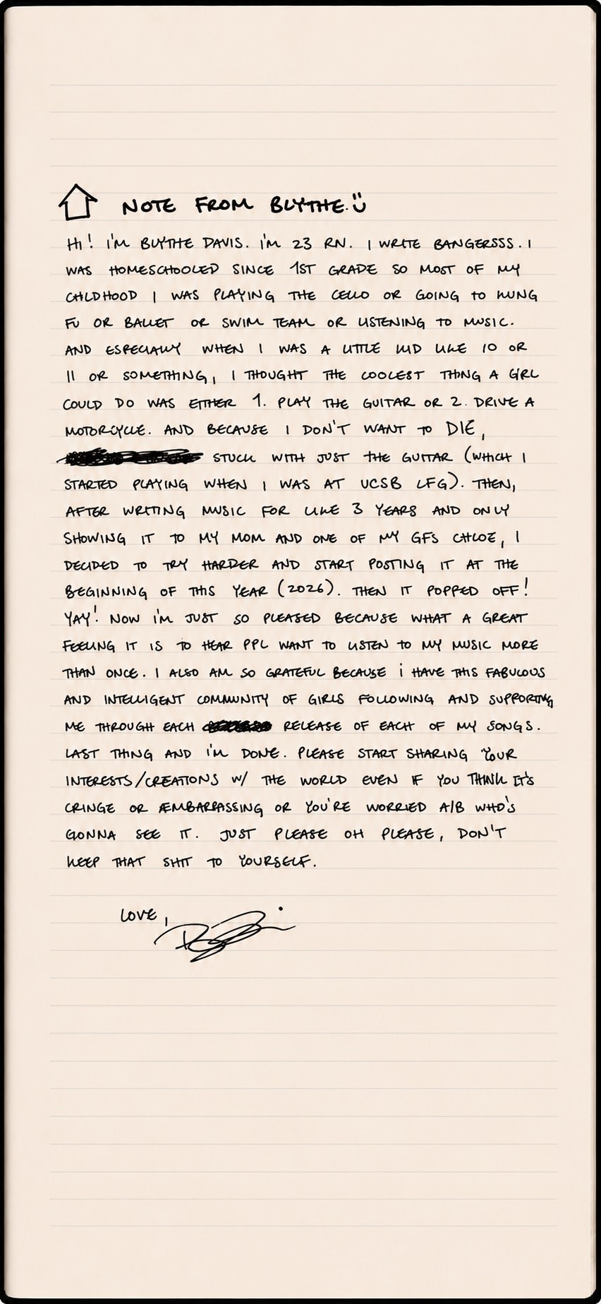 A handwritten letter titled 'Note From Blythe:' signed with love, Blythe. A small home drawing in the corner links back home.