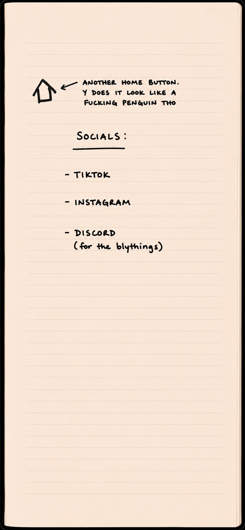 A handwritten notebook page titled 'Socials:' listing TikTok, Instagram, and Discord for the Blythlings, with a small drawing in the corner that links back home.